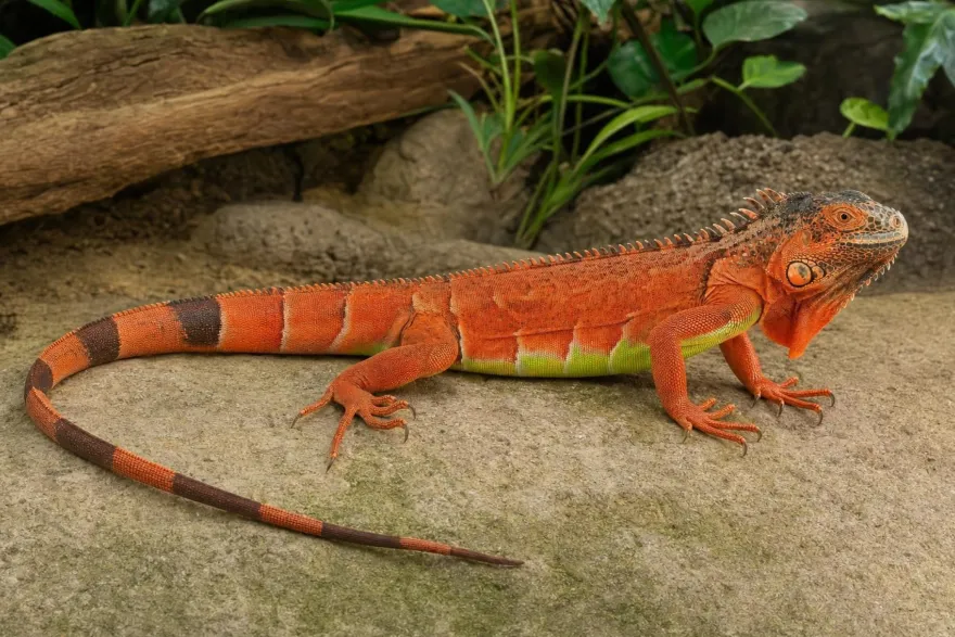Grüner Leguan in Rot, Iguana iguana