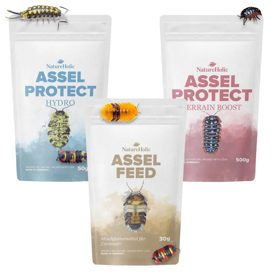 NatureHolic Assel Sorglos Paket, Asselfeed, HydroProtect & TerrainBoost für Asseln im Terrarium