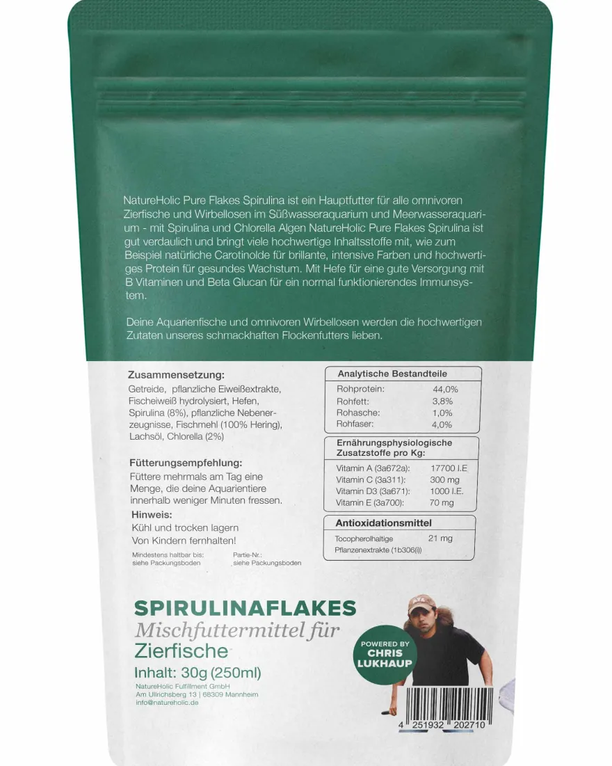NatureHolic Pure Flakes Spirulina, Zierfischfutter, 30 g