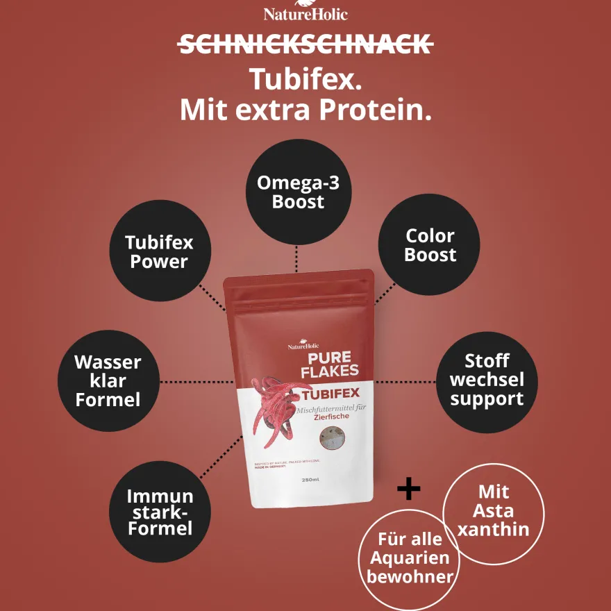 NatureHolic Pure Flakes Tubifex, Futter für Fische und Wirbellose, 250 ml