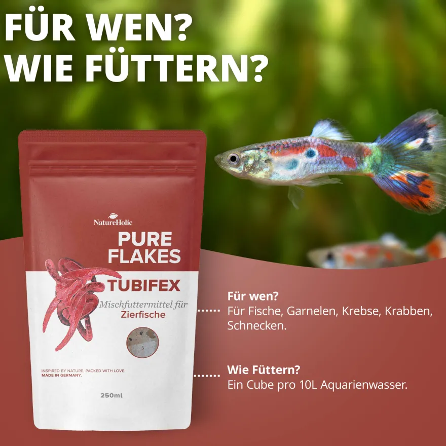 NatureHolic Pure Flakes Tubifex, Futter für Fische und Wirbellose, 250 ml